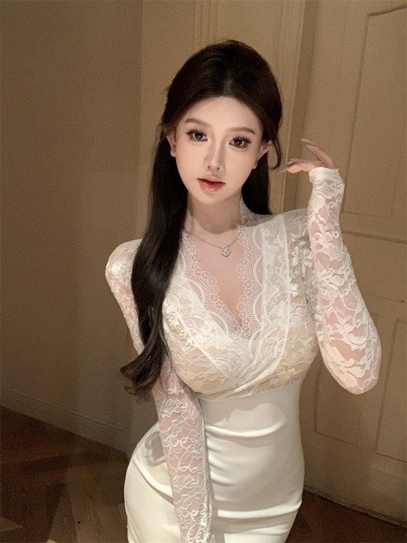 Alluring Cream White Satin Bodycon Long Sleeves Mini Skirt Dreamy Textured Applique Sheer Lace Trimmed Formal Galas Short Dress AP1834