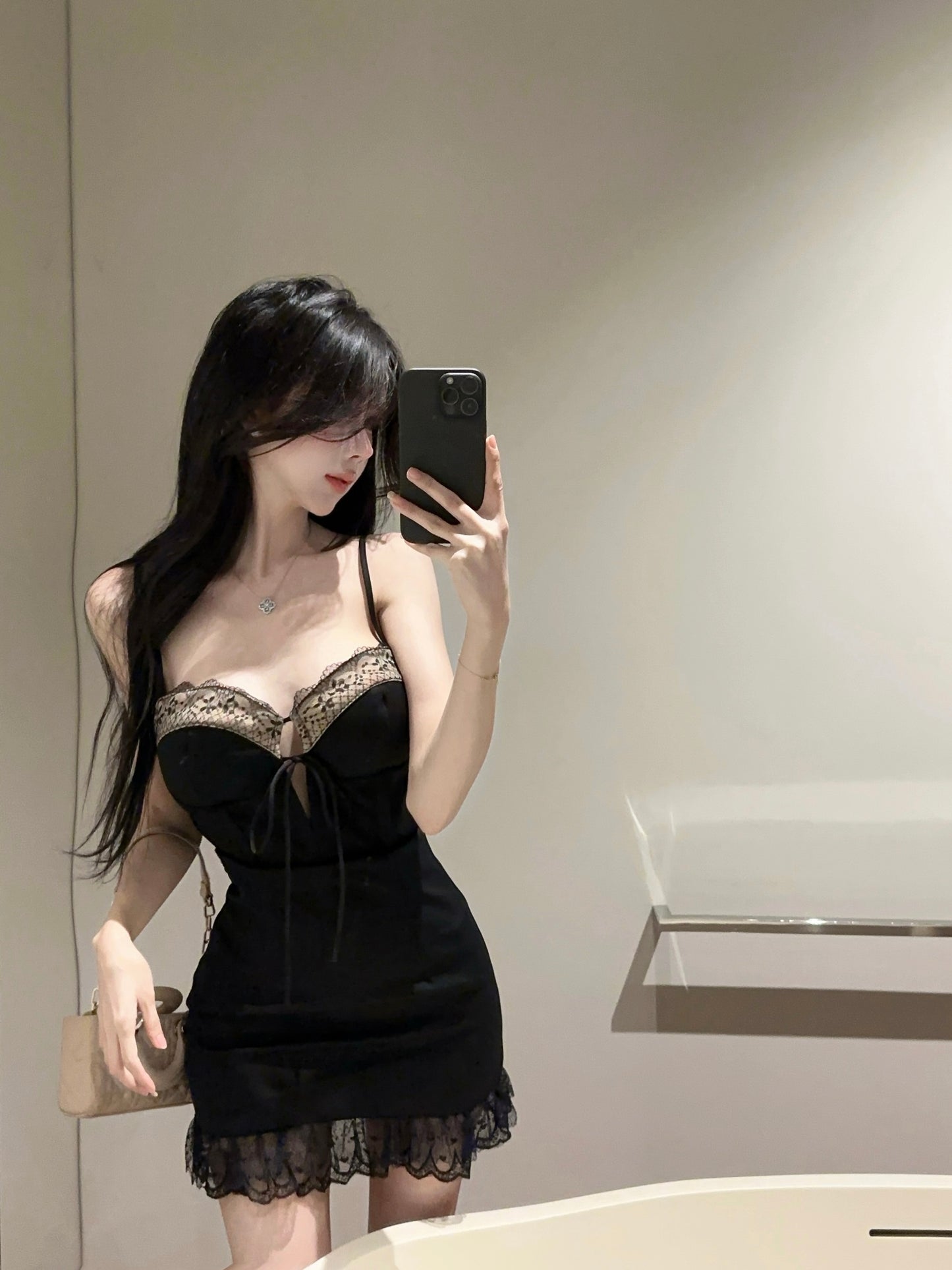 Alluring Tie-Front Cutout Spaghetti Strap Mini Dress French Style Black Sheath Sheer Lace Trimmed Hem Short Dress AP1835