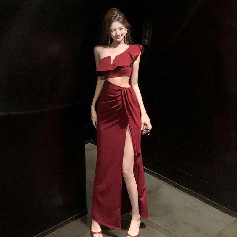 French-Inspired One-Shoulder Open-Waist Maxi Dress Burgundy Ruffled Neckline High Slit Long Dress AP1836
