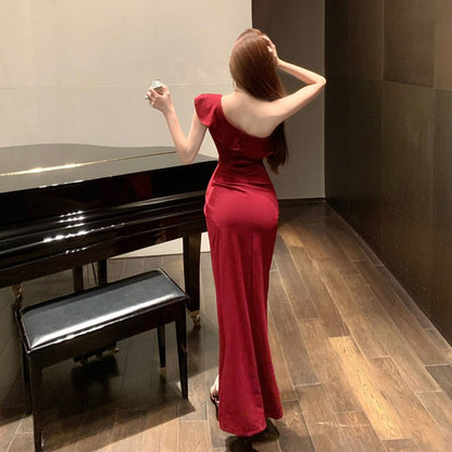 French-Inspired One-Shoulder Open-Waist Maxi Dress Burgundy Ruffled Neckline High Slit Long Dress AP1836