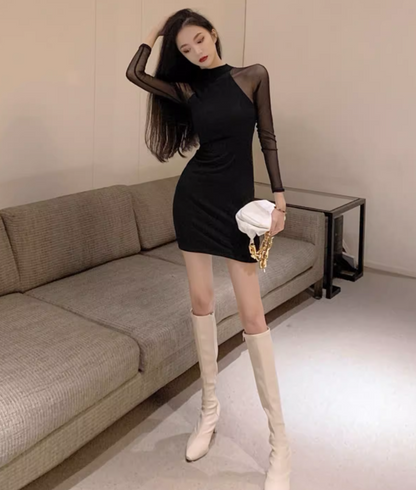 Sexy Black Long Mesh-Sleeve Bodycon Mini Skirt Hot Girls Nightclubs Round Neck Sheath Short Dress AP1837