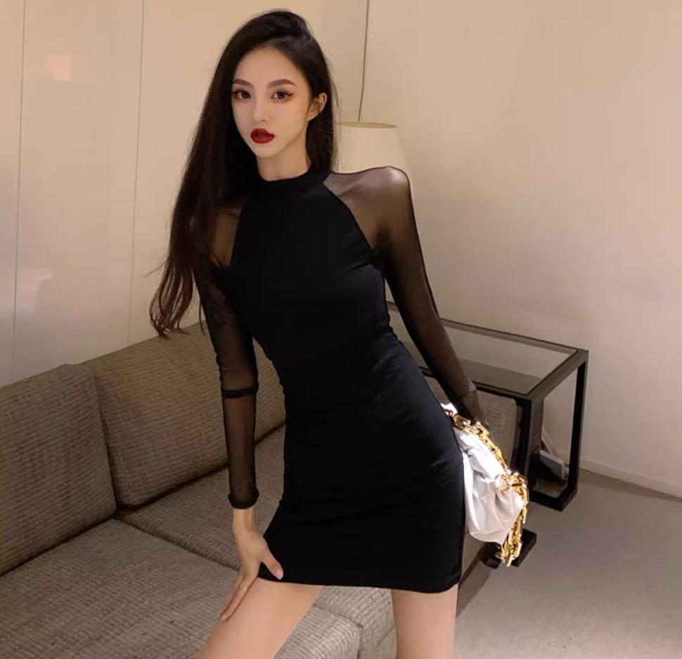 Sexy Black Long Mesh-Sleeve Bodycon Mini Skirt Hot Girls Nightclubs Round Neck Sheath Short Dress AP1837