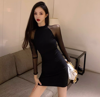 Sexy Black Long Mesh-Sleeve Bodycon Mini Skirt Hot Girls Nightclubs Round Neck Sheath Short Dress AP1837