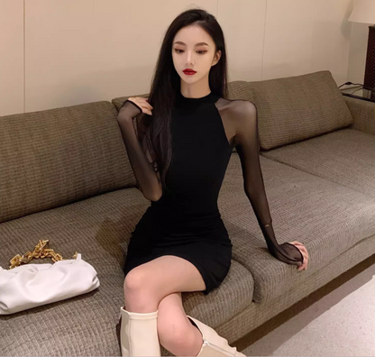 Sexy Black Long Mesh-Sleeve Bodycon Mini Skirt Hot Girls Nightclubs Round Neck Sheath Short Dress AP1837