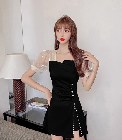 Elegant Sheen Mesh Puffy Short Sleeve High-Slit Mini Skirt With Pocket Vogue 2-Piece Set A-Line Black Short Dress AP1838