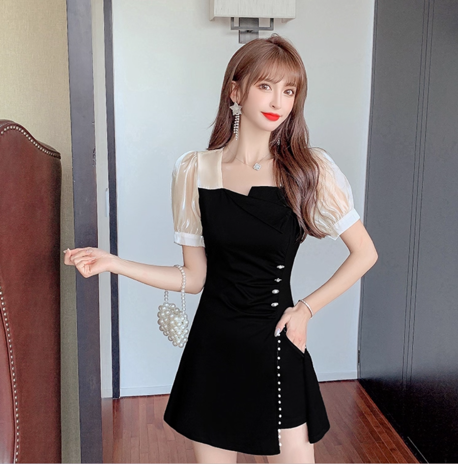 Elegant Sheen Mesh Puffy Short Sleeve High-Slit Mini Skirt With Pocket Vogue 2-Piece Set A-Line Black Short Dress AP1838