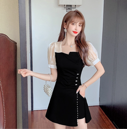 Elegant Sheen Mesh Puffy Short Sleeve High-Slit Mini Skirt With Pocket Vogue 2-Piece Set A-Line Black Short Dress AP1838