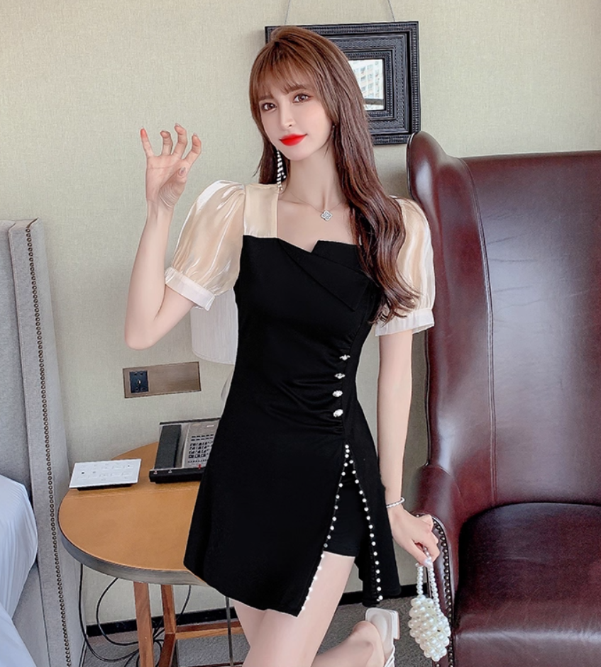 Elegant Sheen Mesh Puffy Short Sleeve High-Slit Mini Skirt With Pocket Vogue 2-Piece Set A-Line Black Short Dress AP1838