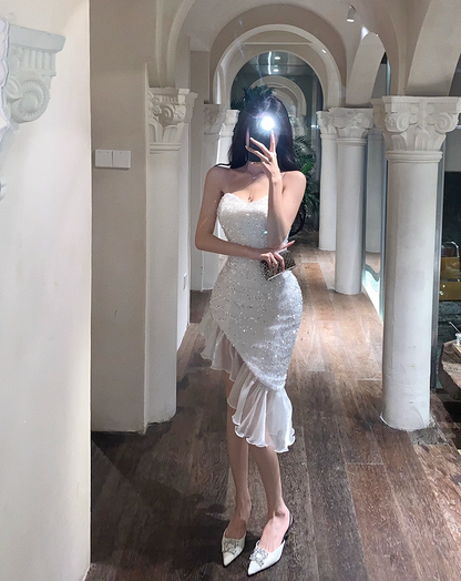 Graceful Spaghetti Strap Hi-Lo Hem Mini Dress Ethereal Sheath Glittering Sequins Ruffles Sheer Mesh Trimmed Short Dress AP1839