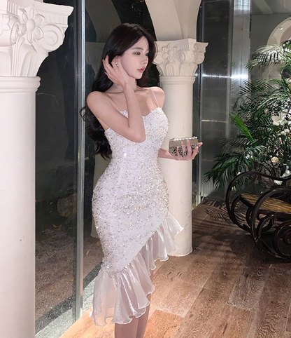 Graceful Spaghetti Strap Hi-Lo Hem Mini Dress Ethereal Sheath Glittering Sequins Ruffles Sheer Mesh Trimmed Short Dress AP1839