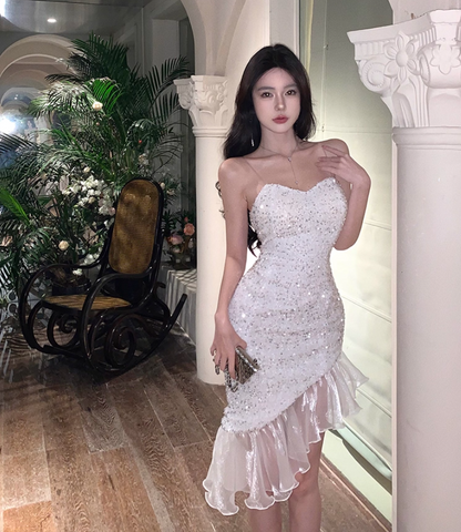 Graceful Spaghetti Strap Hi-Lo Hem Mini Dress Ethereal Sheath Glittering Sequins Ruffles Sheer Mesh Trimmed Short Dress AP1839