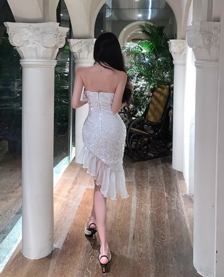 Graceful Spaghetti Strap Hi-Lo Hem Mini Dress Ethereal Sheath Glittering Sequins Ruffles Sheer Mesh Trimmed Short Dress AP1839