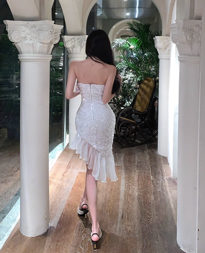 Graceful Spaghetti Strap Hi-Lo Hem Mini Dress Ethereal Sheath Glittering Sequins Ruffles Sheer Mesh Trimmed Short Dress AP1839