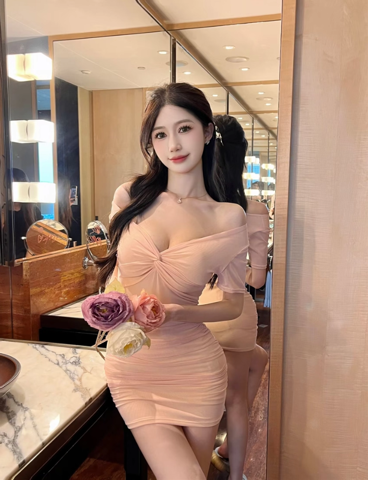 Dreamy Pink Ruched Mesh Short Sleeve Mini Skirt Hot Girls Outfit Sheath Flexible Fabric Short Dress AP1841