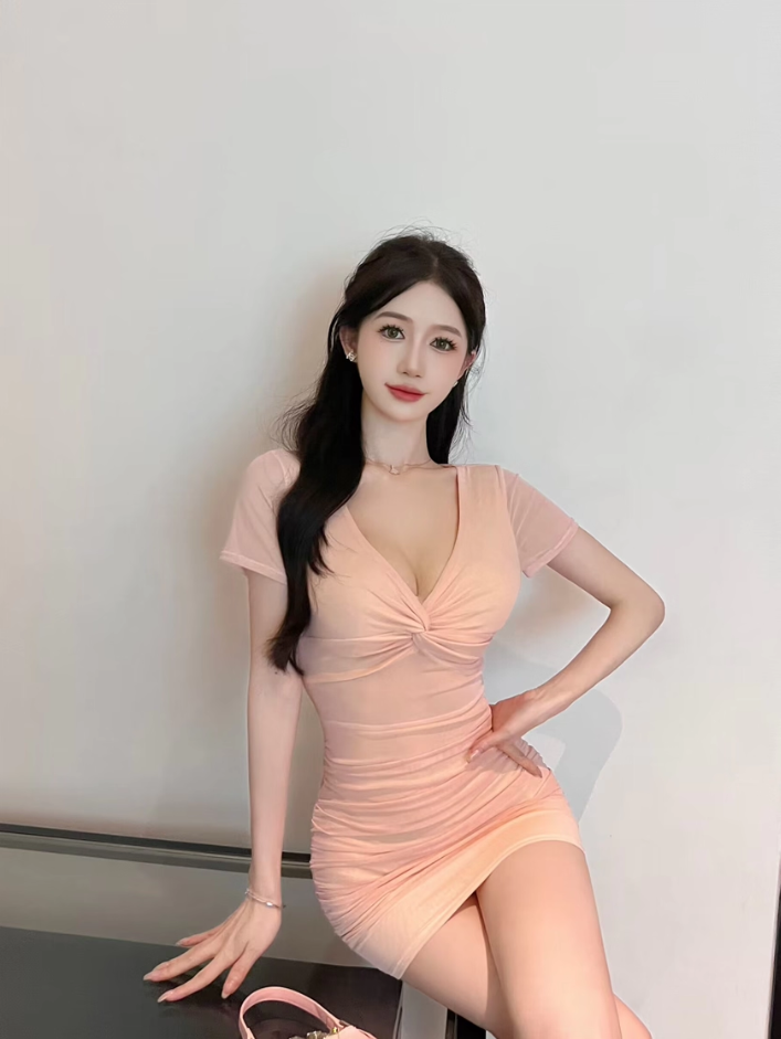 Dreamy Pink Ruched Mesh Short Sleeve Mini Skirt Hot Girls Outfit Sheath Flexible Fabric Short Dress AP1841