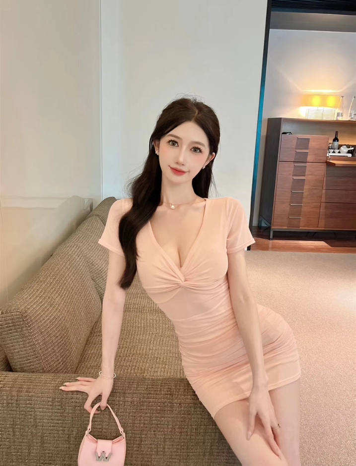 Dreamy Pink Ruched Mesh Short Sleeve Mini Skirt Hot Girls Outfit Sheath Flexible Fabric Short Dress AP1841