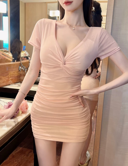 Dreamy Pink Ruched Mesh Short Sleeve Mini Skirt Hot Girls Outfit Sheath Flexible Fabric Short Dress AP1841
