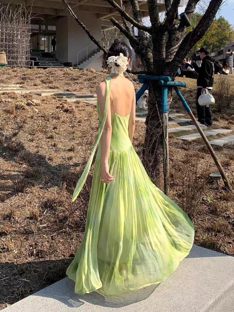 Niche Tie-Dye Green Everyday Wear Maxi Dress Charming Flowy Backless Spaghetti Strap Ruched Long Dress AP1842