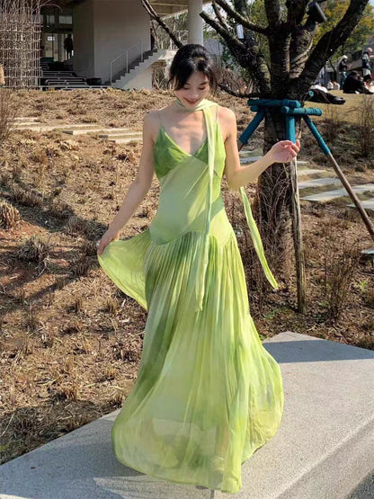 Niche Tie-Dye Green Everyday Wear Maxi Dress Charming Flowy Backless Spaghetti Strap Ruched Long Dress AP1842
