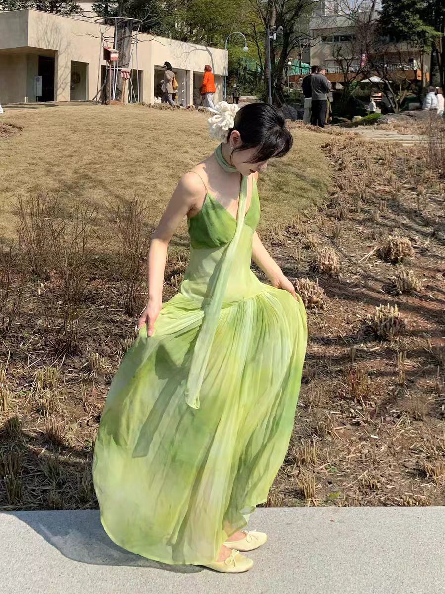 Niche Tie-Dye Green Everyday Wear Maxi Dress Charming Flowy Backless Spaghetti Strap Ruched Long Dress AP1842