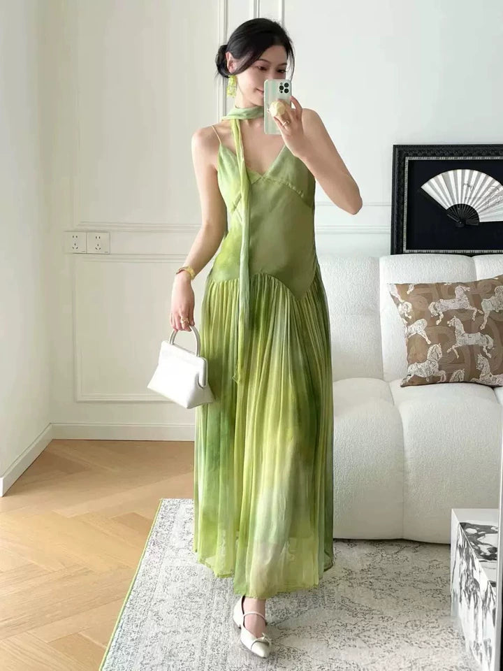 Niche Tie-Dye Green Everyday Wear Maxi Dress Charming Flowy Backless Spaghetti Strap Ruched Long Dress AP1842