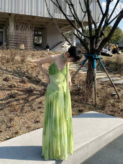 Niche Tie-Dye Green Everyday Wear Maxi Dress Charming Flowy Backless Spaghetti Strap Ruched Long Dress AP1842