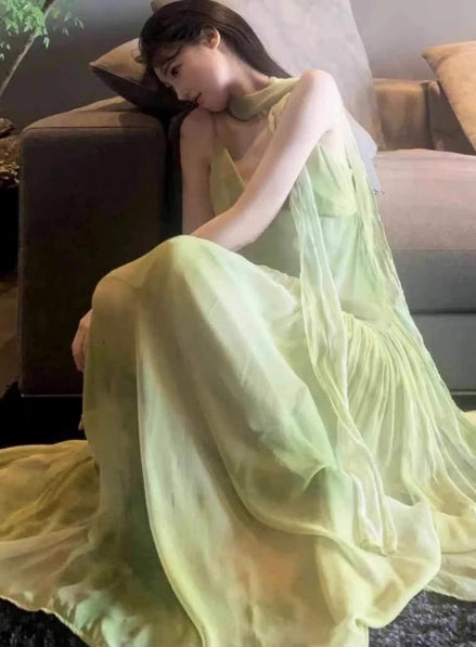 Niche Tie-Dye Green Everyday Wear Maxi Dress Charming Flowy Backless Spaghetti Strap Ruched Long Dress AP1842