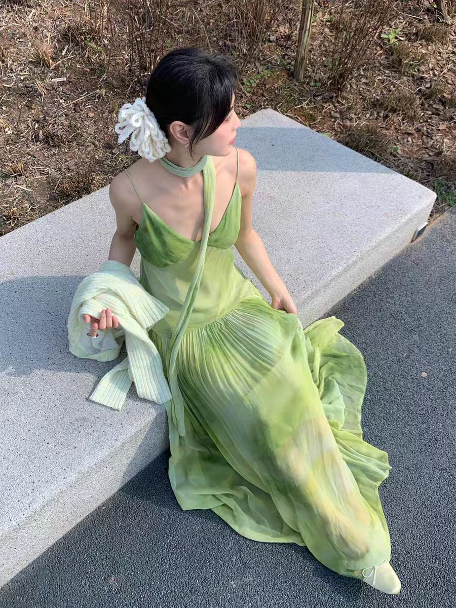 Niche Tie-Dye Green Everyday Wear Maxi Dress Charming Flowy Backless Spaghetti Strap Ruched Long Dress AP1842