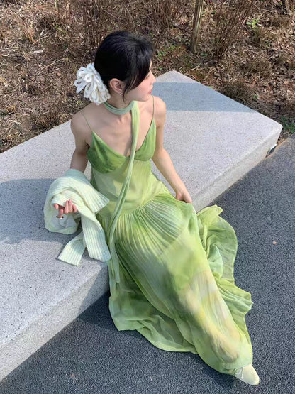Niche Tie-Dye Green Everyday Wear Maxi Dress Charming Flowy Backless Spaghetti Strap Ruched Long Dress AP1842