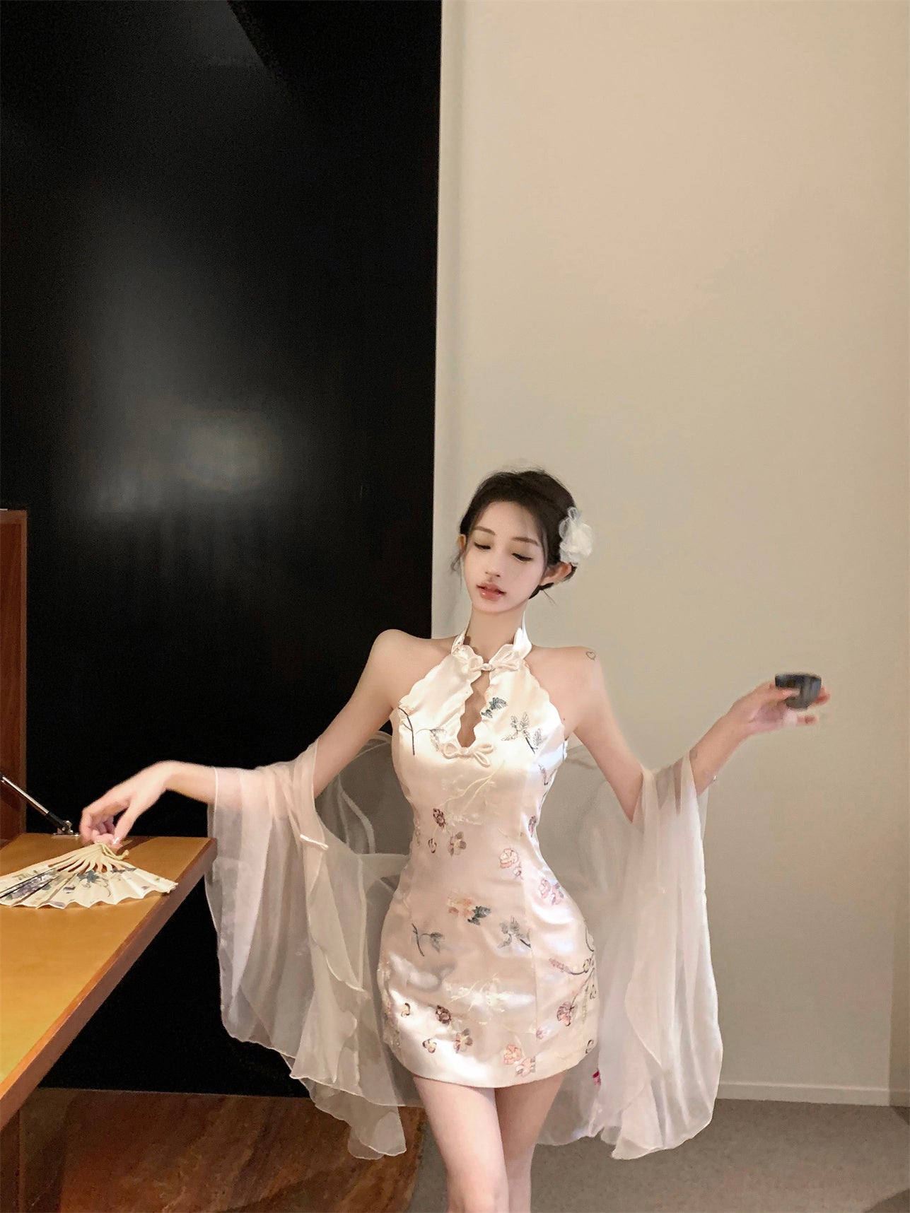 Romantic Oriental Blush Satin Floral Print Cutout Mini Skirt Unique Sheer Chiffon Shawl Cultural Events Halter Short Dress AP1843