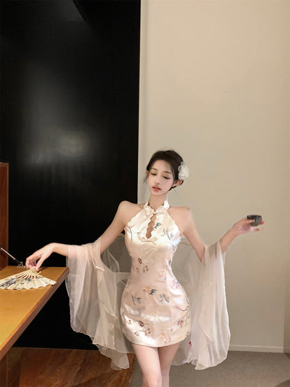 Romantic Oriental Blush Satin Floral Print Cutout Mini Skirt Unique Sheer Chiffon Shawl Cultural Events Halter Short Dress AP1843