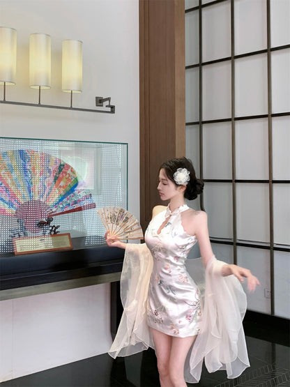 Romantic Oriental Blush Satin Floral Print Cutout Mini Skirt Unique Sheer Chiffon Shawl Cultural Events Halter Short Dress AP1843