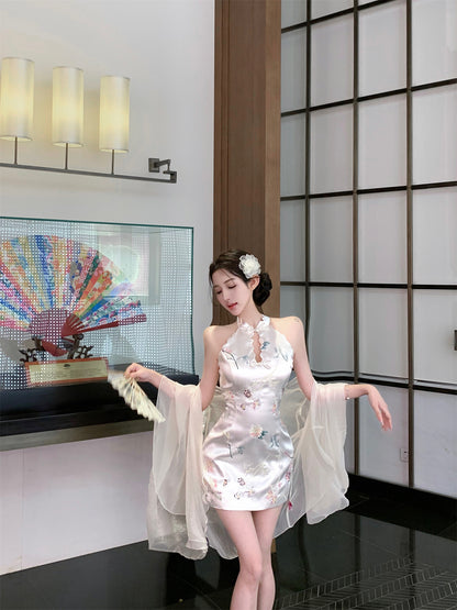 Romantic Oriental Blush Satin Floral Print Cutout Mini Skirt Unique Sheer Chiffon Shawl Cultural Events Halter Short Dress AP1843