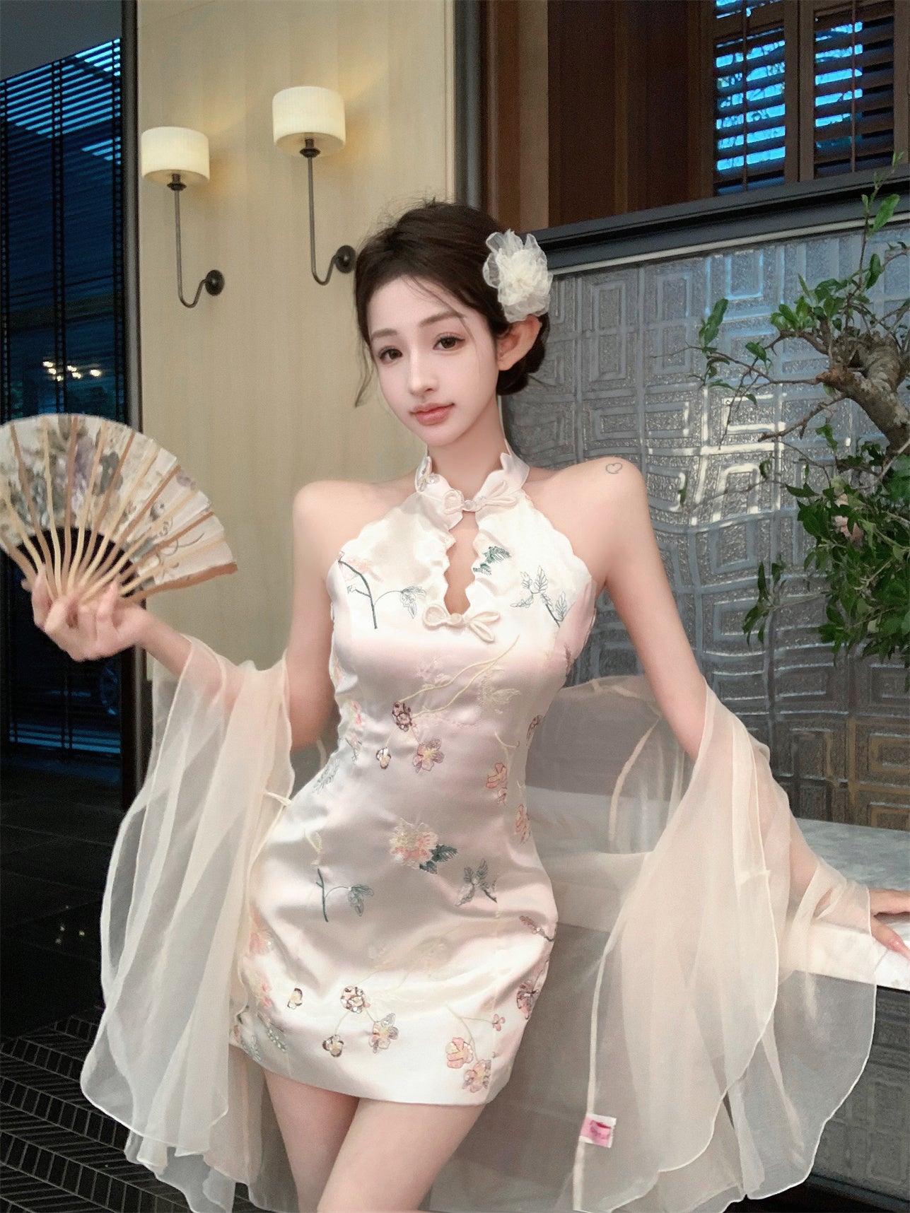 Romantic Oriental Blush Satin Floral Print Cutout Mini Skirt Unique Sheer Chiffon Shawl Cultural Events Halter Short Dress AP1843