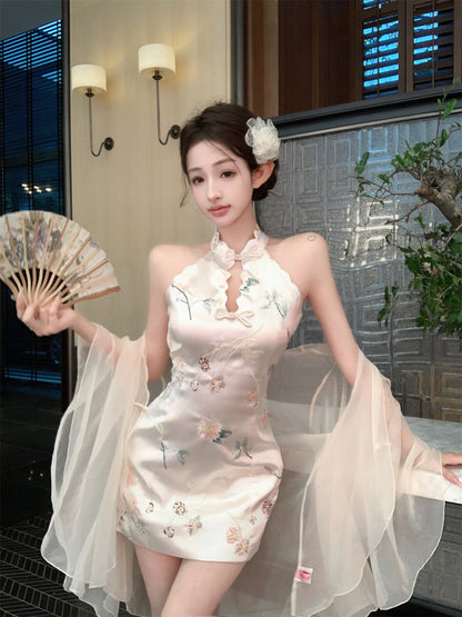 Romantic Oriental Blush Satin Floral Print Cutout Mini Skirt Unique Sheer Chiffon Shawl Cultural Events Halter Short Dress AP1843