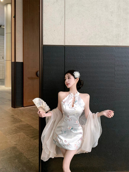 Romantic Oriental Blush Satin Floral Print Cutout Mini Skirt Unique Sheer Chiffon Shawl Cultural Events Halter Short Dress AP1843