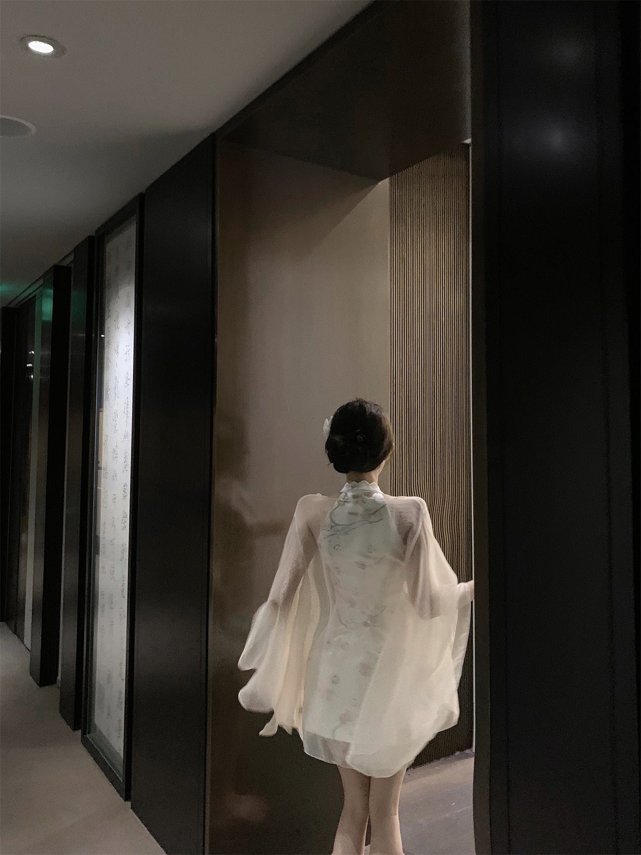 Romantic Oriental Blush Satin Floral Print Cutout Mini Skirt Unique Sheer Chiffon Shawl Cultural Events Halter Short Dress AP1843