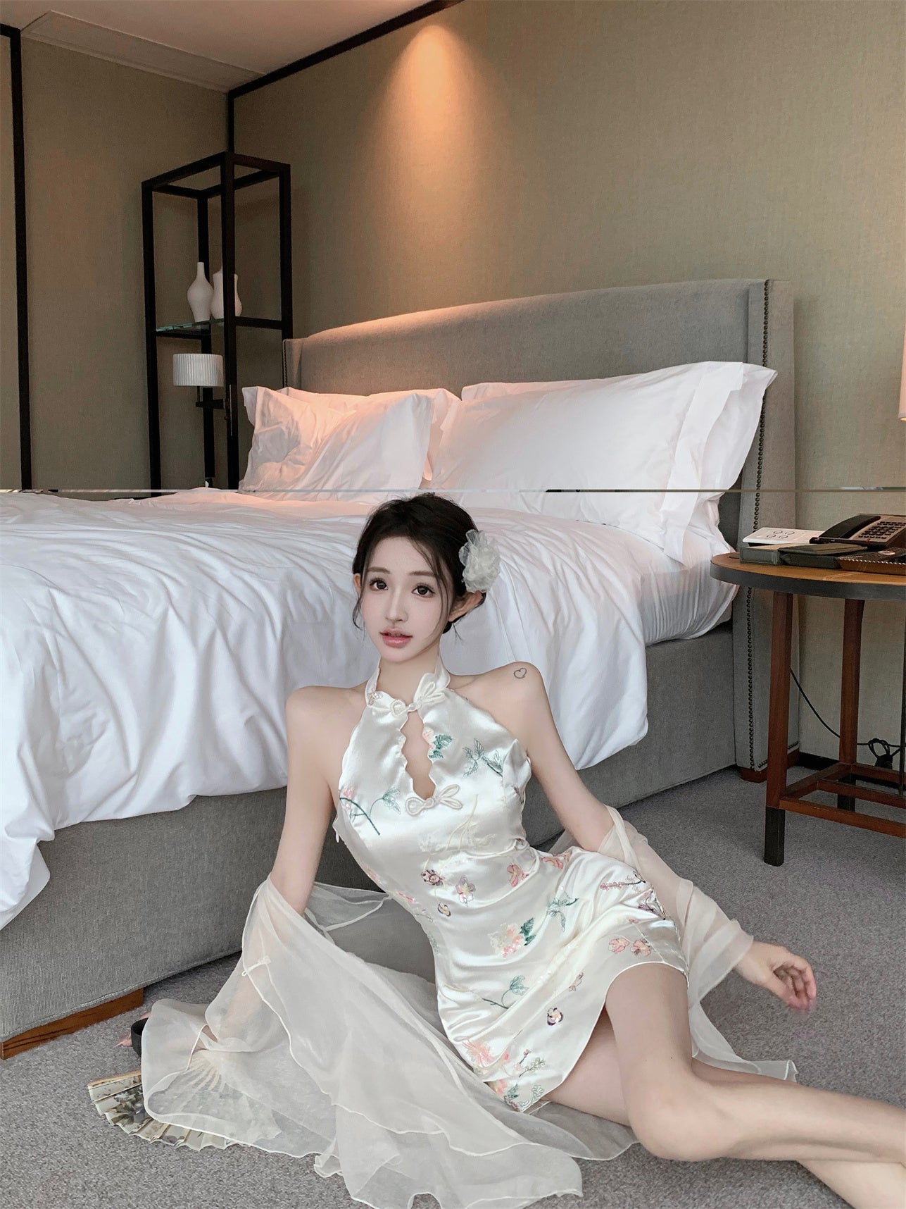 Romantic Oriental Blush Satin Floral Print Cutout Mini Skirt Unique Sheer Chiffon Shawl Cultural Events Halter Short Dress AP1843