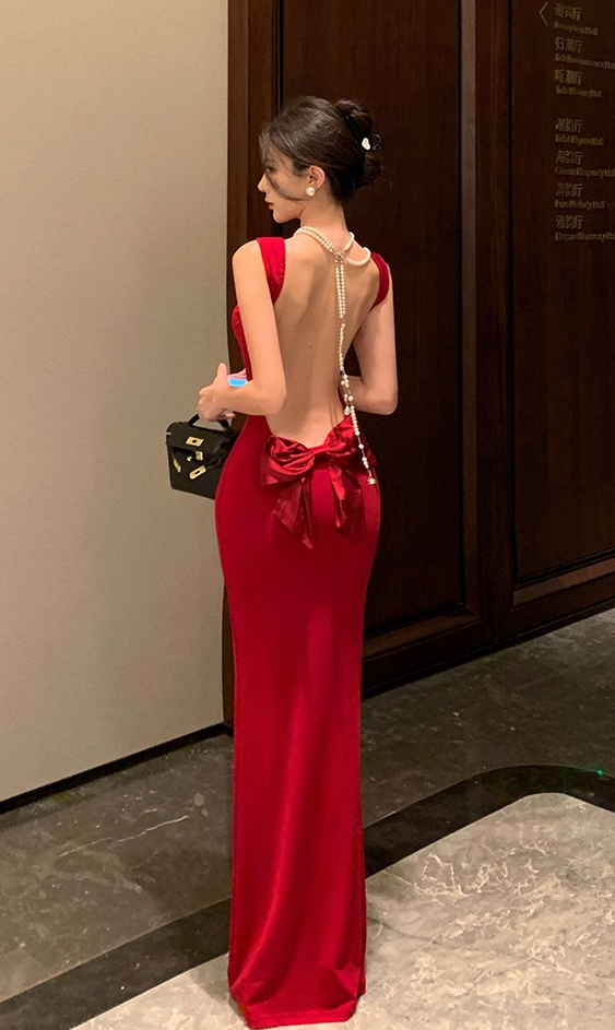 Exquisite Red Square-Neck Bodycon Maxi Dress Ruched Bust for Nightouts Backless Bow Accent Long Dress AP1846
