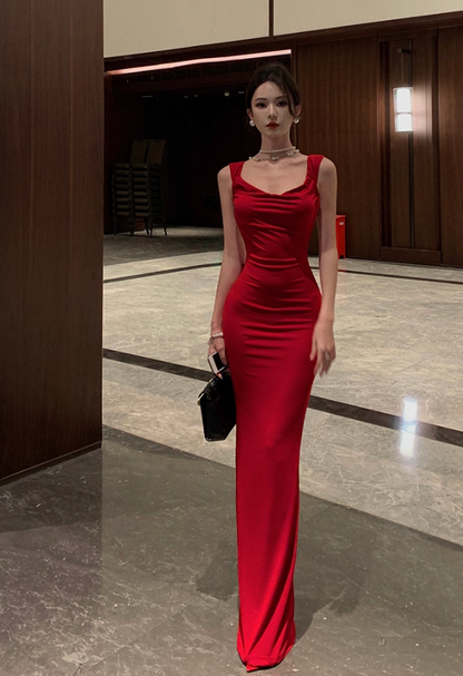 Exquisite Red Square-Neck Bodycon Maxi Dress Ruched Bust for Nightouts Backless Bow Accent Long Dress AP1846