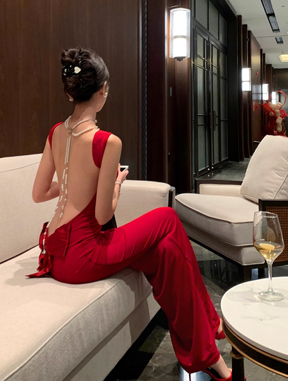 Exquisite Red Square-Neck Bodycon Maxi Dress Ruched Bust for Nightouts Backless Bow Accent Long Dress AP1846