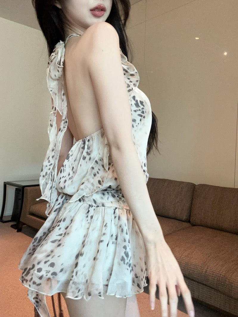 Stylish Leopard Print Chiffon Ruffled Edges Mini Skirt Open Back Tie Flowy Fit Summer Parties Halter Short Dress AP1847