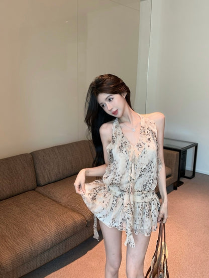 Stylish Leopard Print Chiffon Ruffled Edges Mini Skirt Open Back Tie Flowy Fit Summer Parties Halter Short Dress AP1847