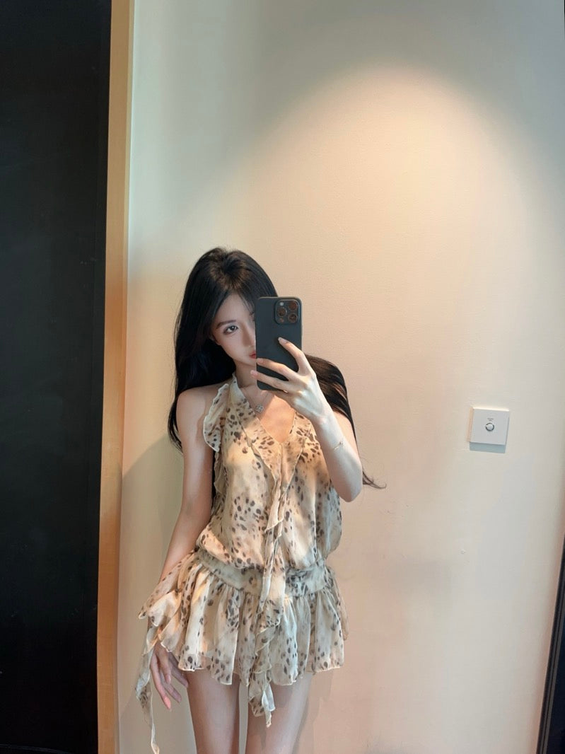 Stylish Leopard Print Chiffon Ruffled Edges Mini Skirt Open Back Tie Flowy Fit Summer Parties Halter Short Dress AP1847