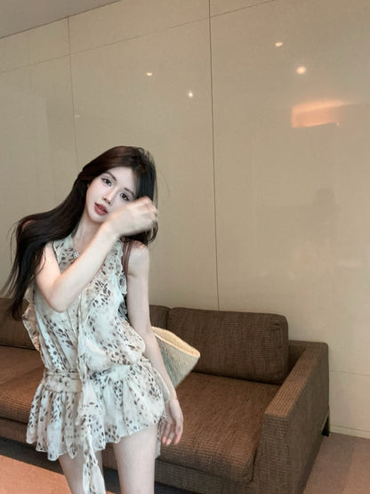 Stylish Leopard Print Chiffon Ruffled Edges Mini Skirt Open Back Tie Flowy Fit Summer Parties Halter Short Dress AP1847