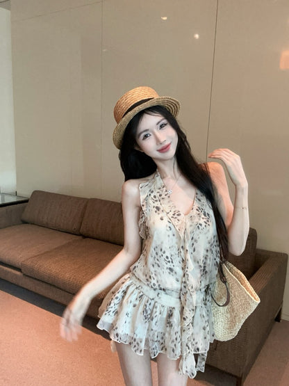 Stylish Leopard Print Chiffon Ruffled Edges Mini Skirt Open Back Tie Flowy Fit Summer Parties Halter Short Dress AP1847