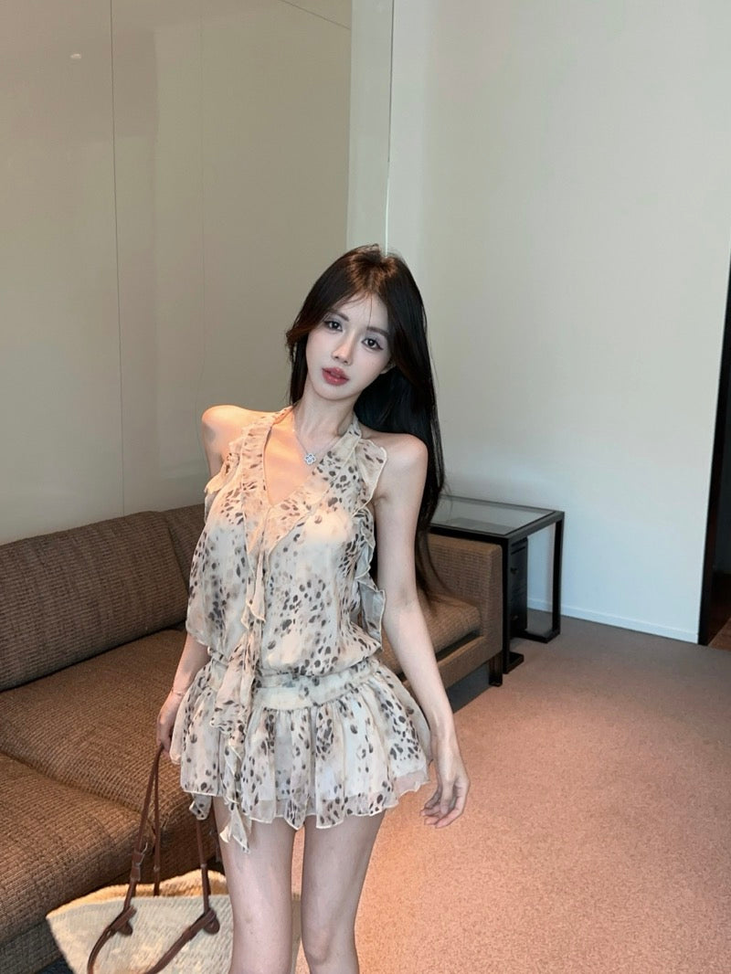 Stylish Leopard Print Chiffon Ruffled Edges Mini Skirt Open Back Tie Flowy Fit Summer Parties Halter Short Dress AP1847