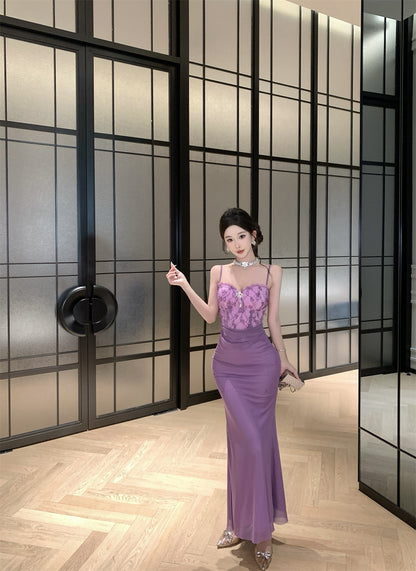 Exquisite Lace Bodice Purple Spaghetti Straps Maxi Dress Sweetheart Neck Luxury Parties Sheath Mermaid Long Dress AP1848