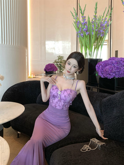 Exquisite Lace Bodice Purple Spaghetti Straps Maxi Dress Sweetheart Neck Luxury Parties Sheath Mermaid Long Dress AP1848