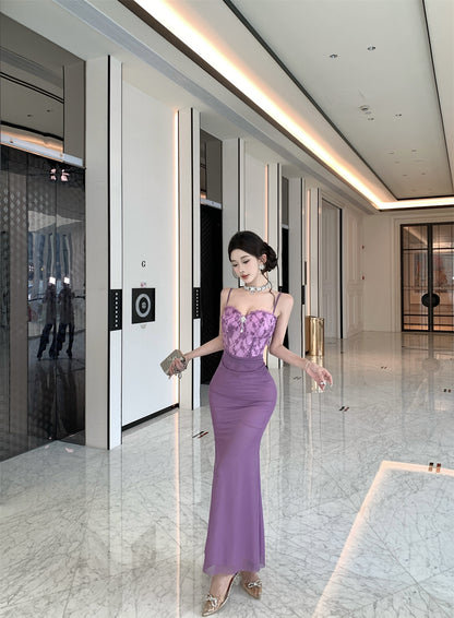 Exquisite Lace Bodice Purple Spaghetti Straps Maxi Dress Sweetheart Neck Luxury Parties Sheath Mermaid Long Dress AP1848